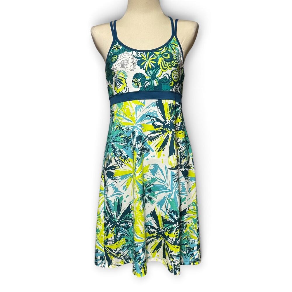 prAna Quinn Athletic Dress Strappy Racerback Blue Lime Green White Stretch Large